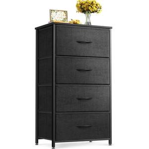 lot 61689 image: ODK Dresser for Bedroom with 4 Storage Drawers, Small Dresser Chest of Fabric Drawers with Sturdy Steel Frame for Small Space, Wood Top, Black - Retail $49