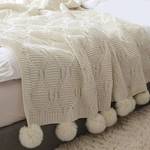QINU KEONU Chunky Knit Throw Blanket with Pom Poms Tassel Soft Cozy Chenille Knitted Pom Pom Blanket Throw for Couch Bed Sofa Travel 51"x63" Cream White - Retail: $36