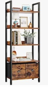 lot 11804 image: Furologee 4-Tier Bookshelf, Tall Bookcase with 2 Storage Drawers