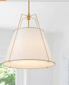 lot 11813 image: HUOKU Haven Modern Farmhouse 4-Light Brass Frame Pendant Light with White Fabric Shade