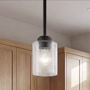 lot 11816 image: Kichler Winslow Contemporary 1 Light Black Mini Pendant Light with Clear Seeded Glass, 2 Pack