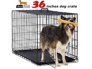 lot 11822 image: Large Dog Crate Dog Cage Dog Kennel Metal WireDouble-Door Folding Pet Animal Pet Cage with Plastic Tray and Handle, 36 inches