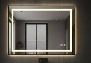 lot 11823 image: YULIKA 30 in.W x 36 in.H Rectangular Black Framed LED Bathroom Mirror- Retail $144