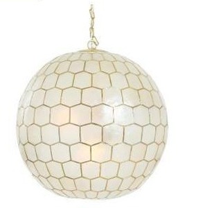 lot 11830 image: Creative Co-Op 20in Long Capiz Honeycomb Globe Chandelier Pendant Light- Retail $380