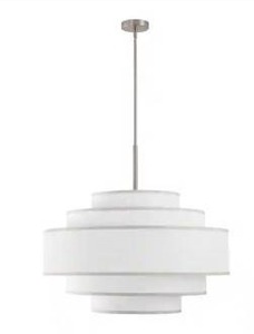 lot 11840 image: MLiAN 30 inch 7-Light Brushed Nickel Tiered Drum Chandelier with White Fabric Shades- Retail $224