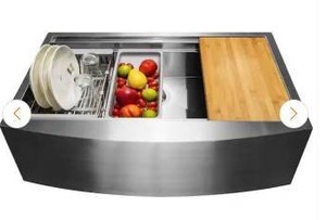 lot 11844 image: AKDY 33x22 Farmhouse Apron Front Kitchen Sink with Workstation Accessories- Retail $399