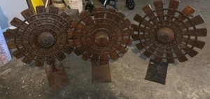lot 59121 image: Decorative Metal FarmCultivator Wheels  Rustic Yard Art Set - Retail $75