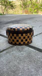 lot 59144 image: Handwoven Checkerboard Pattern Basket with Lid - Retail $25