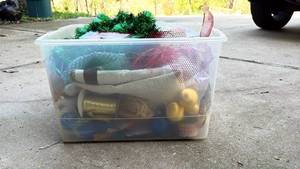lot 59165 image: Christmas Holiday Decoration Storage Box with Garland and Ornaments - Retail $15