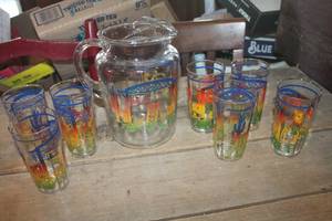 Vtg. Southwest Bartlett Collins Pitcher & 7 Glasses small chip