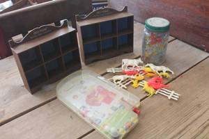 lot 4417 image: Vintage Glass Jar wMarbles, Pin Ball Game & More