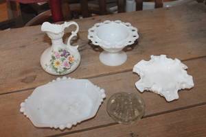 lot 4434 image: Vintage Milk Glass Scalloped Dish, Flower Frog & More