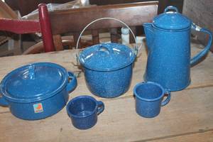 lot 4444 image: Blue Speckled Enamelware Teapot, Cups & More