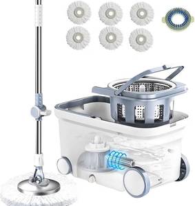 lot 152017 image: Michao Spin Mop Bucket Deluxe 360 Spinning Floor Cleaning System with 6 Microfiber Replacement Head Refills,62 Extended Handle,4X Wheel for Home Cleaning