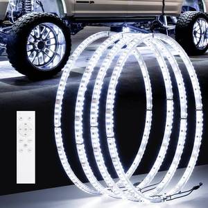 lot 152026 image: Retails for $126 Ehaho 17 Super Bright Double Row Pure White Wheel Lights, Wheel Ring Lights with Remote Control and Turn & Braking Signal Compatible with Various Trucks SUV Car 4PCS