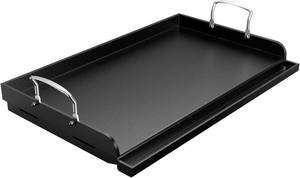 lot 152042 image: Retails for $119 Uniflasy Nonstick Griddle for Gas Grill, Cast Iron Griddle for Outdoor Gas & Charcoal Grills, 25 x16 Nonstick Coating FlatTop Insert Cooking Pan for Weber Charbroil Camp Chef Grill