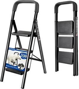 lot 251490 image: 3 Step Ladder with Handrails and Anti-Slip Wide Pedal 330lbs Capacity Lightweight Folding Step Stool for Home Kitchen Office(Black-F, 3-Step with Handrail)