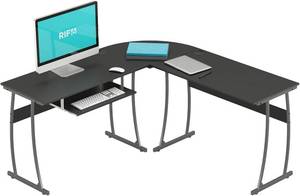 lot 251504 image: RIF6 L Shaped Modern Computer Home Office Gaming Desk with Keyboard Tray and Cable Management, Easy Assembly, Black