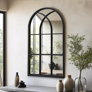 lot 251507 image: Arched Window Wall Mirror, 42x24, Decorative Mirror, Vanity Mirrors for Bathroom, Bedroom, Entryway, Living Room, Window Pane or Farmhouse Mirrors for Wall Decor, Metal Frame, Black