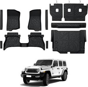 lot 351626 image: Retails for $120 Floor Mats for Jeep Wrangler JL 4XE 4-Door 2021-2025 2026, All Weather Floor Mats Trunk Cargo Liner with Backrest Protectors and Door Sill Guards Accessories, Full Coverage Set