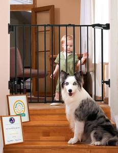 lot 351652 image: Babelio Baby Gate for Stairs, Kitchen & Doorways, No Bottom Bar One-Handed Operation Auto-Close Hardware Mount (Drill Needed) Safety DogPet Gate (Black - B17, 26-43 W, 28 H)
