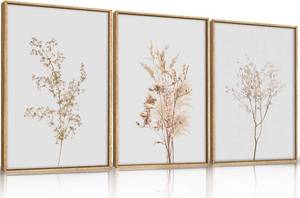 lot 351654 image: Ausril Wildflower Floral Framed Canvas Wall Art Set, Beige Botanical Wall Decor, Minimalist Nature Flower Wall Painting, Modern Boho Farmhouse Art Print for Living Room, Bedroom, Office- 16x24x3