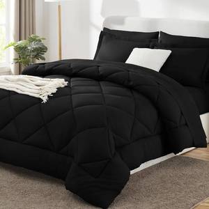 lot 452042 image: CozyLux Queen Comforter Set Black - Bed in a Bag Queen Size 7 Pieces, Luxury Soft Bed Set for All Seasons, Bedding Set with Down Alternative Comforter, Sheets, Pillowcases & Shams