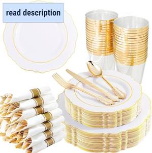 lot 452028 image: Liacere 350PCS Gold Plastic Plates-Disposable White and Gold Plates 50guest Baroque Plastic Dinnerware include 100Plates, 50Pack Pre Rolled Napkins with Silverware 50Cups for Wedding & Mothers Day
