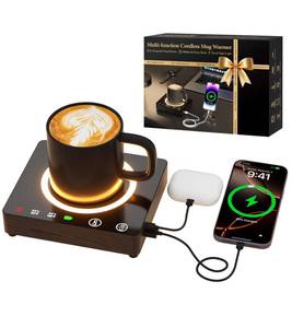 lot 7791 image: Mug Warmer Cordless 180 Min Battery Life - 10000mAh Portable Charger, Wireless Coffee Cup Warmer for Desk, 3 Temp Settings, Smart Candle Heat Plate for Home, Office, Travel, Camping & Gifts for Men - Retail $60