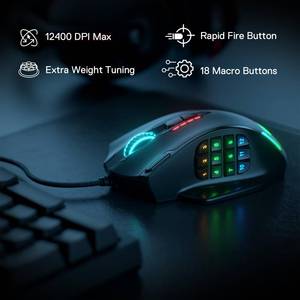 lot 7794 image: Redragon M908 Impact RGB LED MMO Gaming Mouse with 12 Side Buttons, Optical Wired Ergonomic Mouse with Max 12,400DPI, High Precision, 18 Programmable Macro Shortcuts, Comfort Grip - Retail $33