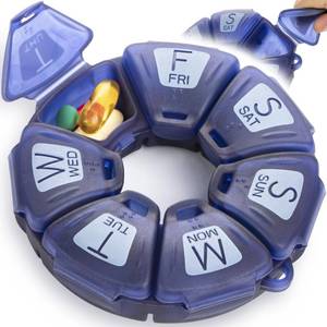 lot 7798 image: Round Weekly Pill Organizer, Soft-Touch Silicone, Travel Pill Container 7 Day, with 7 Large Compartments, Great for Daily Vitamins & Supplements, Cute Pill Case with Large Letters and Braille (Blue) - Retail $9