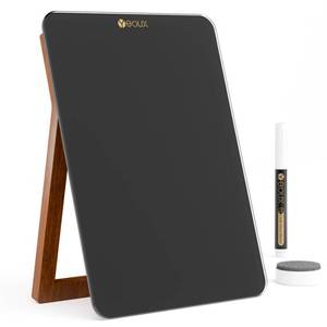 lot 7801 image: Desktop Black Glass Dry Erase Whiteboard with Reversible Wood Stand, Small Portable White Board Easel for Desk, Reusable Desk Notepad 9.5x6.7 for Office, Home, School, Marker&Eraser Included, Yeoux - Retail $24