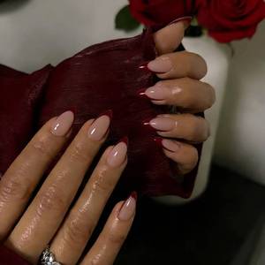 lot 7806 image: SXVME Dark Burgundy Red French Tip Press on Nails Almond Shape, Acrylic Fake Nails Medium Stiletto Shape, Acrylic Natural Glue on Nails for Women, 24 Pcs - Retail $7