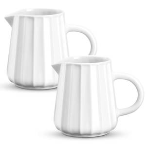 lot 7821 image: Gurygo 2 Pack 9 Oz Classic Ceramic White Creamer with Handle - Small Creamer Pitcher Set - Fine Porcelain Wave Shaped Small Milk Pitcher for Coffee Milk Sauces Salad, Microwave Safe - Retail $15
