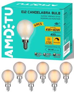 lot 7857 image: AMDTU 40W E12 Frosted Globe LED Bulbs, 2700K Warm White Dimmable Candelabra Base, Eye-Comfort Technology, Flicker-Free Decorative Lighting for Chandeliers, Dining Room, Vanity, and Bathroom Fixtures - Retail $23