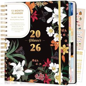 lot 7860 image: CAGIE 2026 Planner Weekly and Monthly from Dec 2025 to Dec 2026 Hardcover Spiral Bound Calendar Yearly Agenda Planners for Women with Stickers, 8.3 x 9.1, Black Floral - Retail $10