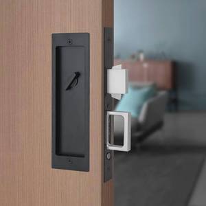lot 7861 image: youthua Modern Pocket Door Hardware Set - Privacy Lock with Finger Flush Pulls & Soft Close, for Sliding Barn Doors, Pocket Doors, Bedroom (Black, Privacy) - Retail $72