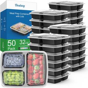 lot 7869 image: 50 Pack (100-Piece) 32 oz Meal Prep Containers Reusable with Lids 3-Compartment, To Go Take Out Plastic Food Storage Containers, Sturdy Leakproof Food Safe, Microwave Freezer Dishwasher Safe, Black - Retail $24