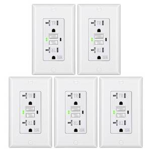 lot 7878 image: DEWENWILS 5-Pack GFCI Outlet 20Amp, Outdoor Weather-Resistant(WR), Tamper-Resistant(TR), UL Listed, Gfi Self-Test, LED Indicator, Wallplate Included with Thinner Design, White - Retail $37