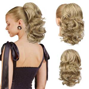 lot 7904 image: Flufymooz Ponytail Extension, 14 Inch Short Drawstring Ponytail Hair Extension for Women, Soft Synthetic Pony Tails Hairpiece for Women Medium Blonde with Highlights - Retail $22