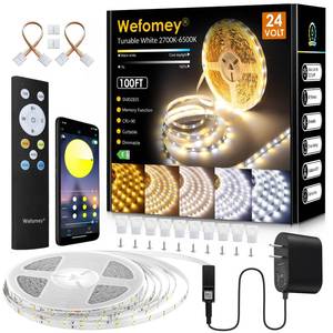 lot 7919 image: Wefomey White LED Strip Lights, 100ft Dimmable Bright 24V Led Tape Light with Remote and App Control, 2700K-6500K White 1440 LEDs Lights for Bedroom, Kitchen, Ceiling (1 Rolls of 100ft) - Retail $27