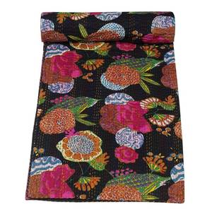 lot 7938 image: Marubhumi Quilts Indian Handmade Indian Traditional Blankets, Reversible, Fruit Print Kantha Quilt, Comforter, Black - Queen 90 x 108 Inches - Retail $50