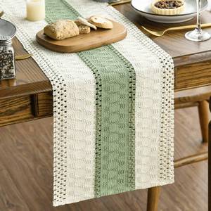 lot 7943 image: Artoid Mode Light Green Farmhouse Rustic Table Runner, Seasonal Holiday Hollow Kitchen Dining Table Decoration for Home Party Decor 12x72 Inch - Retail $14