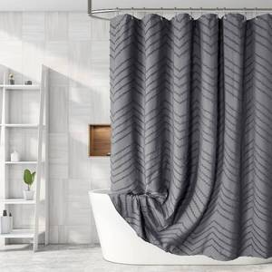 lot 7945 image: TURKIO Boho Gray Shower Curtain Tufted Chevron Striped Shabby Chic Textured Cloth Shower Curtains for Bathroom, Modern Farmhouse Waterproof Shower Curtain, 72x72 - Retail $26