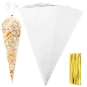 lot 7947 image: 200 PCS Clear Plastic Cone Shaped Cellophane Treat bags(7x14.5) with Ties Large Popcone Goodie Ice Candy Cookie Goody Gift Bags Pouches Easter Holiday Birthday Party Favors Supplies Wrapping Stuffers - Retail $8