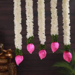 lot 7952 image: Set of 5 Artificial Jasmine Garland Toran with Lotus Buds, 13 Inch Strings Jasmine Garland Toran with Lotus Buds for Pooja Decoration Wall Hanging for Ganesh Chaturthi, Diwali & Festive Decor - Retail $20
