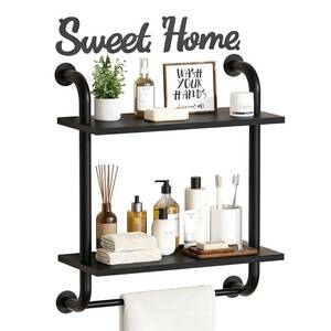 lot 7960 image: Tinpin Bathroom Shelves Wall Mounted, Rustic Farmhouse Pipe Shelves, Wall Shelves 2-Tier, Industrial Pipe Shelving, Floating Shelf Decor for Bathroom, Bedroom, Living Room Thanksgiving 17.3in Black - Retail $35