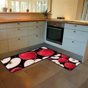 lot 7963 image: Kitchen Rugs and Mats Set of 2 Pieces Anti Fatigue Standing Mat Watercolor Red Apple Black Non Slip Washable Comfort Flooring Carpet Runner for Kitchen Home - Retail $33