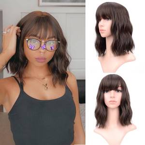 lot 7971 image: VCKOVCKO Short WaveWigs Natural Brown Wig With Air Bangs Womens Shoulder Length Curly Wavy Synthetic Cosplay Wig for Girl Colorful Wigs(12, Natural Brown) - Retail $26