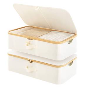 lot 7979 image: StorageWorks Underbed Storage Containers with Lids, 2-Pack 7 Low Profile Under Bed Storage Box with Bamboo Frame for Clothes, Bedding, Blankets and Shoes, 42L Sturdy Fabric Organizer, Beige - Retail $36